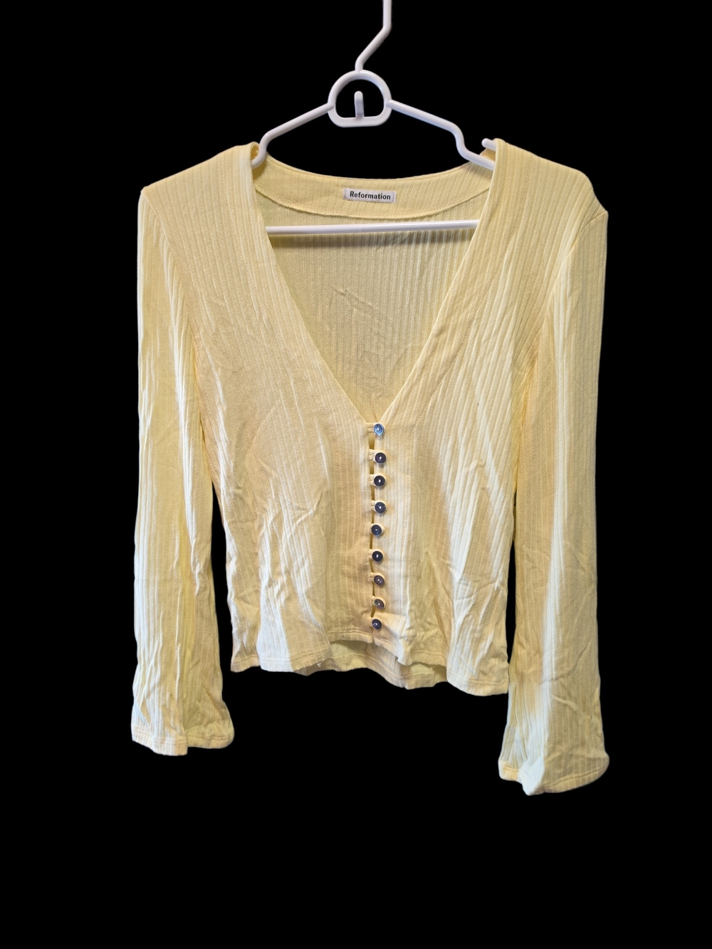 Reformation Pale Yellow Ribbed V-Neck Button-Front Long Sleeve Top